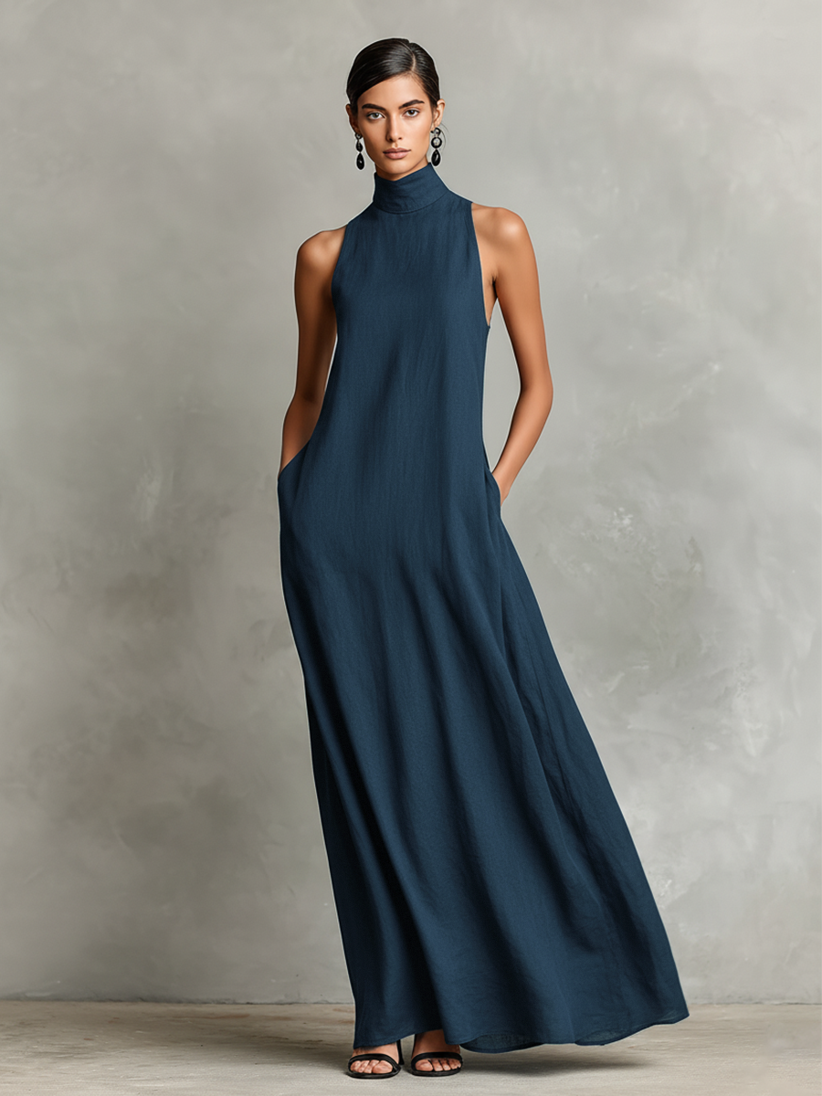 Women's Black Linen-Blend Maxi Dress With High Neck & Side Pockets, Timeless Minimalist Casual Dress MDZ2597D7LYL