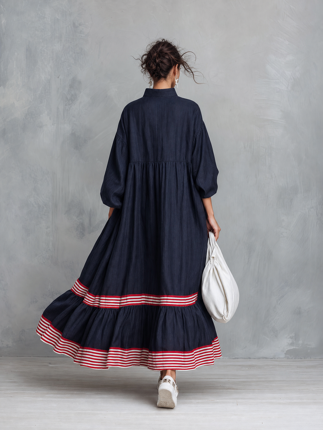 Women's Minimalist Linen-Blend Long-Sleeve Maxi Dress With Striped Hem Panel MDZ0967G8WY