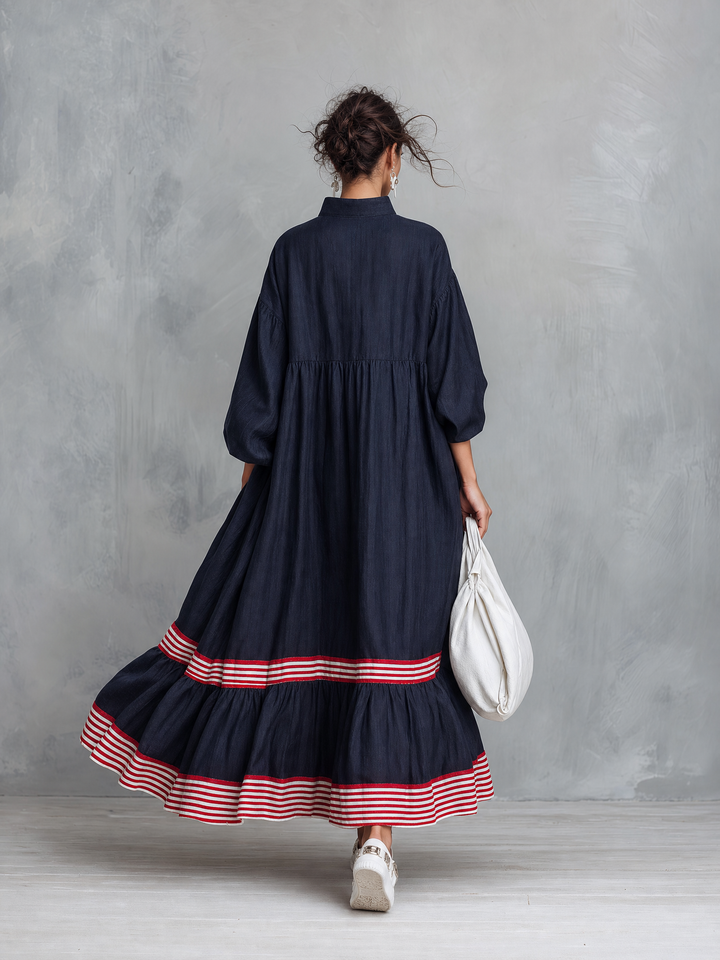 Women's Minimalist Linen-Blend Long-Sleeve Maxi Dress With Striped Hem Panel MDZ0967G8WY