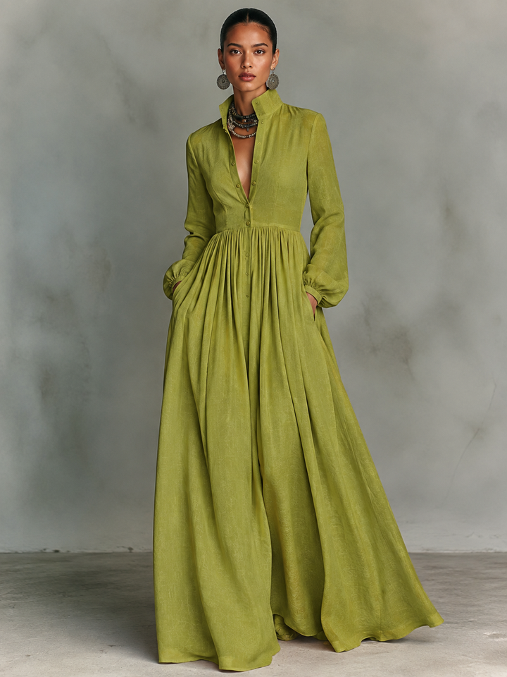 Women's Minimalist Cotton And Linen Patchwork Single-breasted Stand-up Collar Long-sleeved Maxi Dress