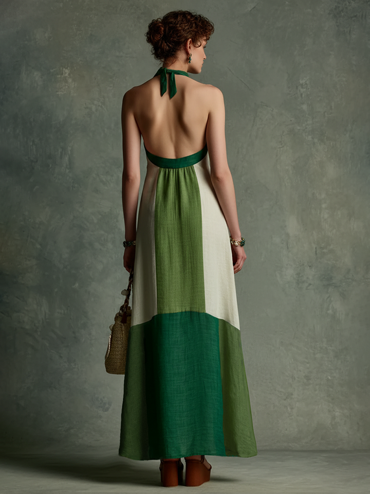 Women's Vacation Style Green And White Color-Block Linen-Cotton Halter V-Neck Waist-Tailored Maxi Dress MDZ2051E3GMJ