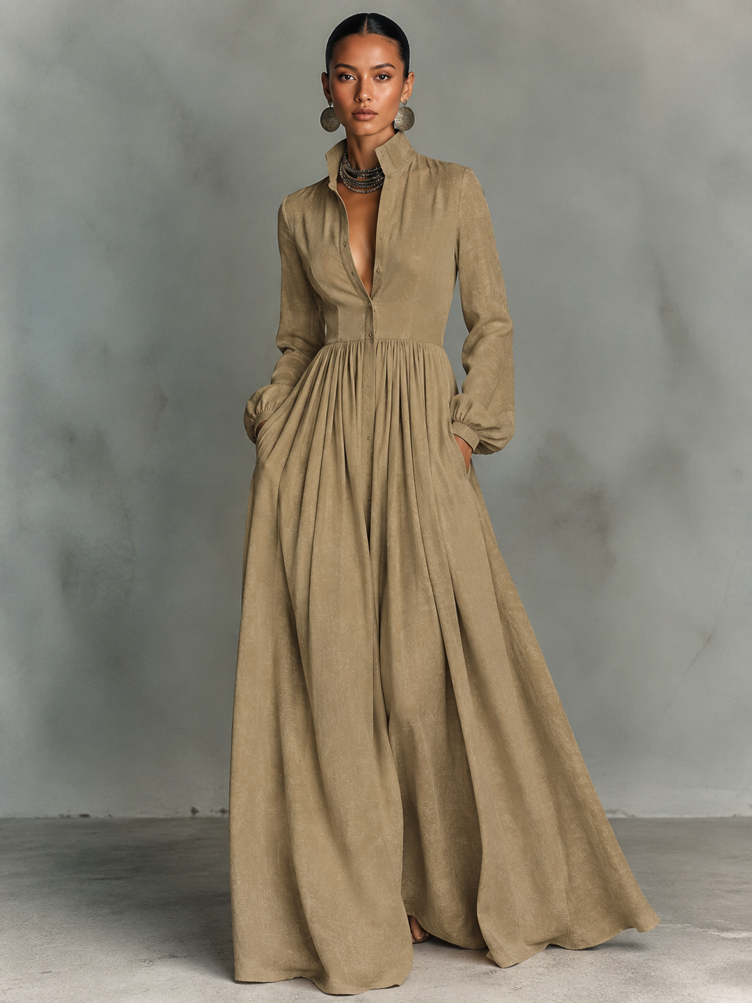 Women's Minimalist Cotton And Linen Patchwork Single-breasted Stand-up Collar Long-sleeved Maxi Dress