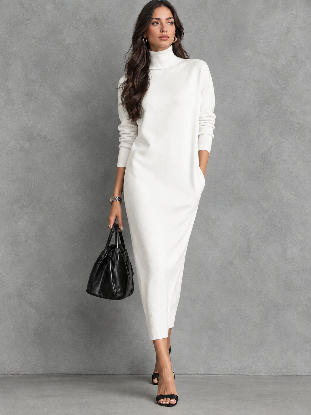 Chic Black Turtleneck Knit Midi Dress - Long Sleeve & Relaxed Fit