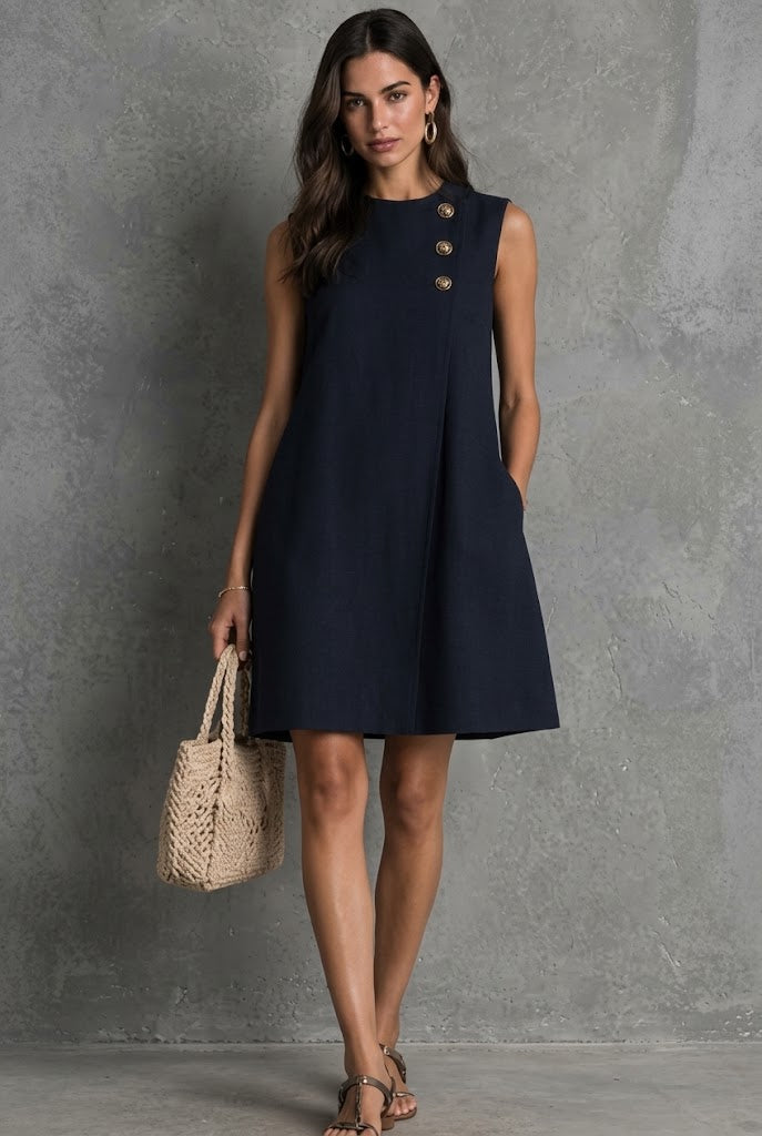 Minimalist Asymmetric Button Linen Mini Dress