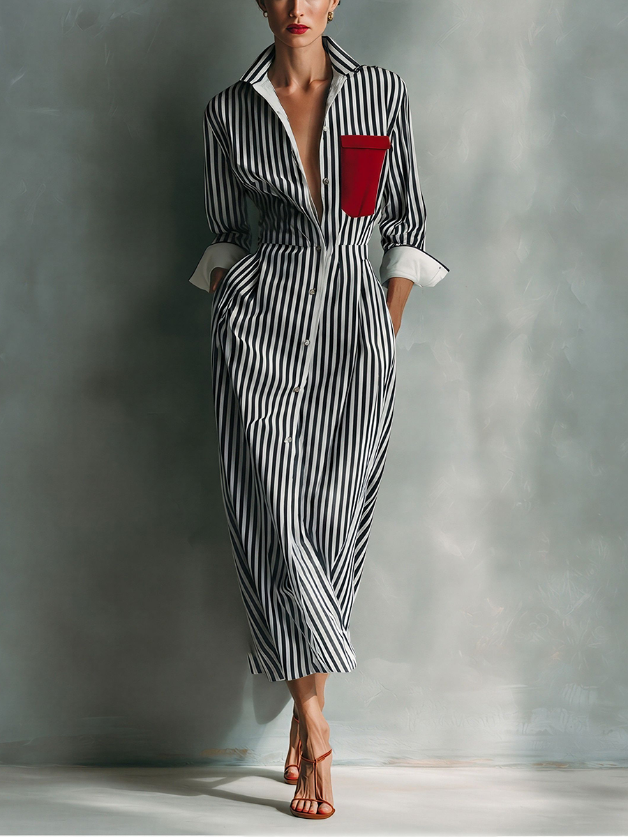 Women's Blue And White Cotton Blend Striped Shirt Dress With Red Chest Pocket MDZ1286C2T