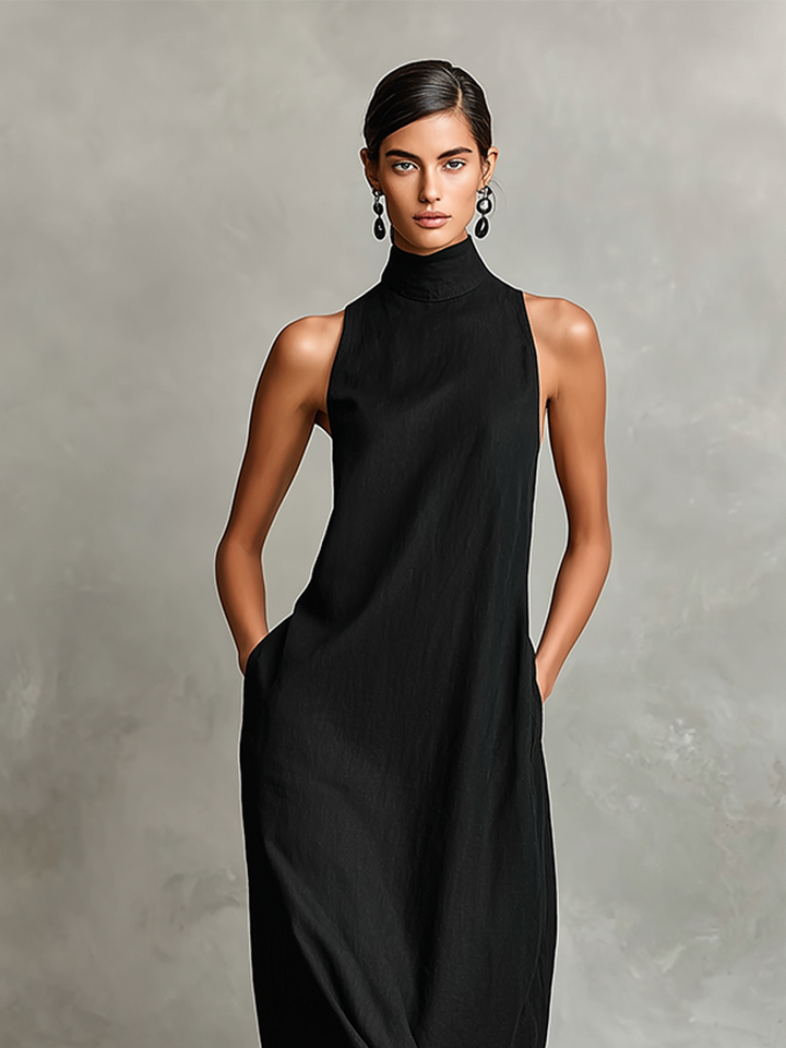 Women's Black Linen-Blend Maxi Dress With High Neck & Side Pockets, Timeless Minimalist Casual Dress MDZ2597D7LYL