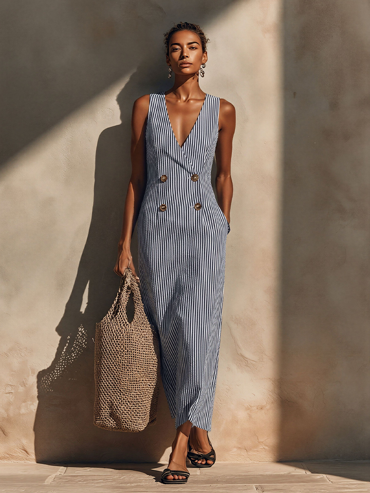 Women's Blue-White Striped Cotton-Blend Maxi Dress With Blazer Style & Double-Breasted, Timeless Nautical Casual Dress MDZ1388E5LYL