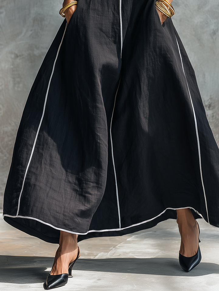 Women's Minimalist Linen-Blend Maxi Dress With Contrast Trim, Round Neck, And Sleeveless Design MDZ1516E0Y