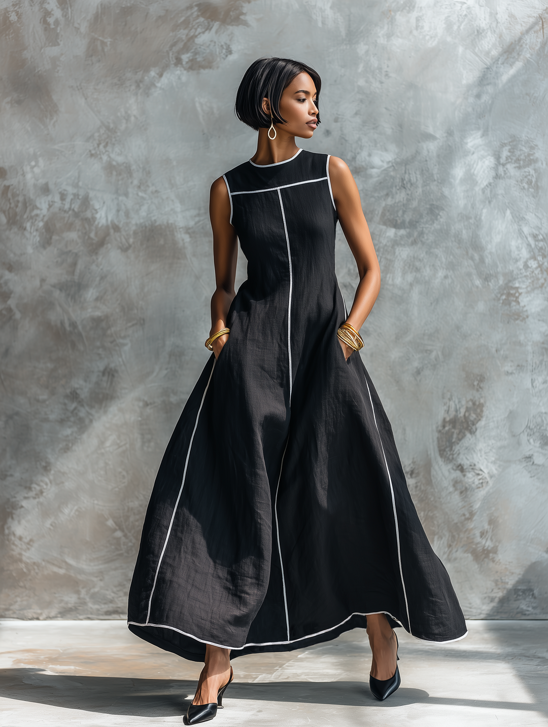 Women's Minimalist Linen-Blend Maxi Dress With Contrast Trim, Round Neck, And Sleeveless Design MDZ1516E0Y