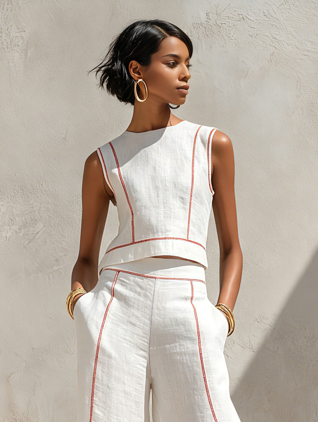 Women's Minimalist Linen-Blend Contrast-Stitched Blouse & Wide-Leg Pants Set MDZ1599E9Y