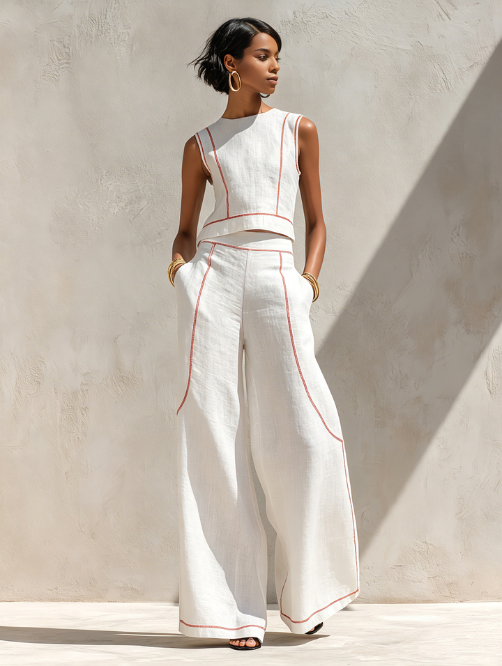Women's Minimalist Linen-Blend Contrast-Stitched Blouse & Wide-Leg Pants Set MDZ1599E9Y