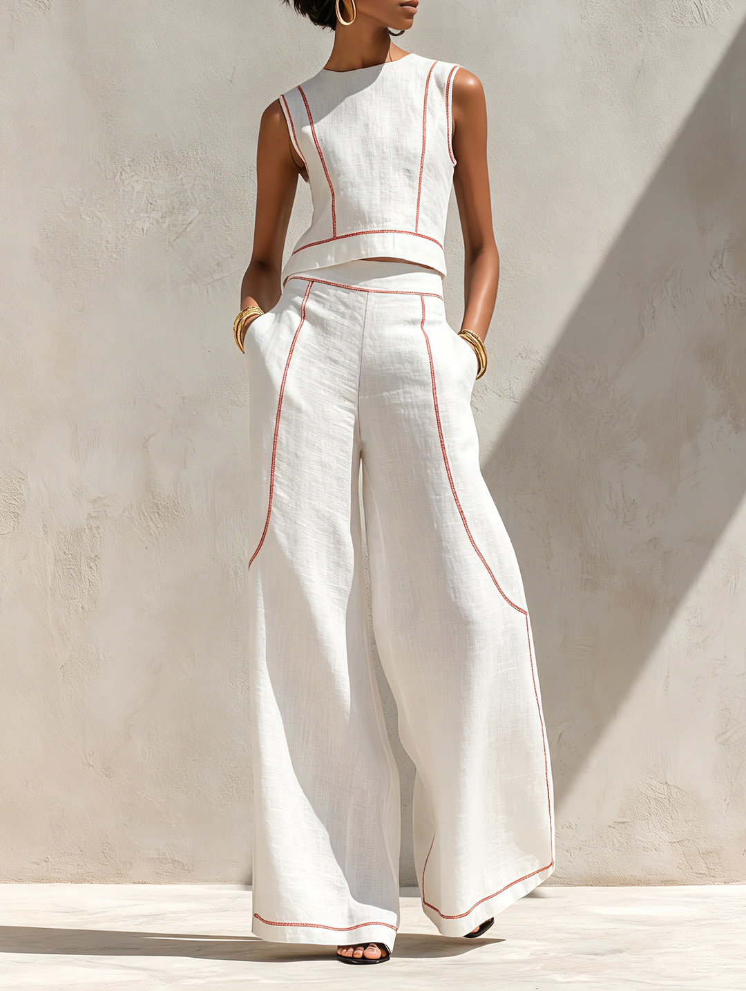 Women's Minimalist Linen-Blend Contrast-Stitched Blouse & Wide-Leg Pants Set MDZ1599E9Y
