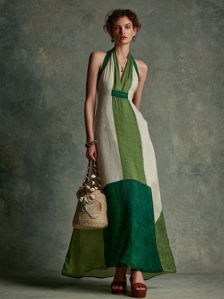 Women's Vacation Style Green And White Color-Block Linen-Cotton Halter V-Neck Waist-Tailored Maxi Dress MDZ2051E3GMJ