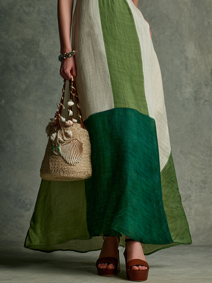Women's Vacation Style Green And White Color-Block Linen-Cotton Halter V-Neck Waist-Tailored Maxi Dress MDZ2051E3GMJ