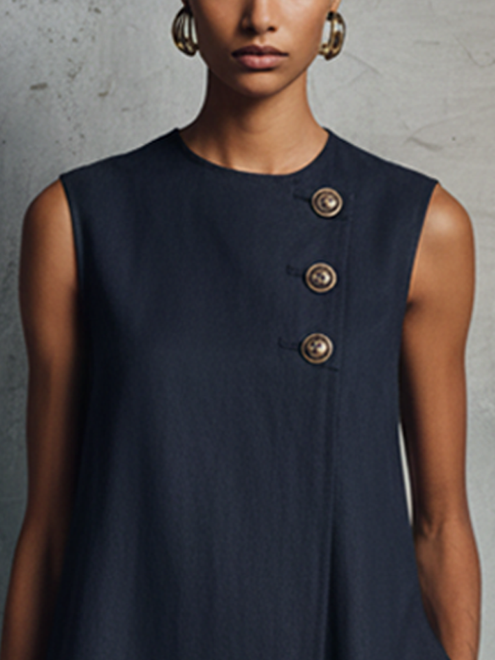 Women's Minimalist Commuter Style Navy Blue Linen Round Neck Asymmetric Buttons Side Pocket Sleeveless Mini Dress MDZ0395F6GMJ