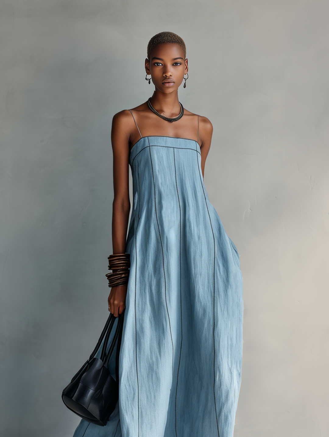 Women's Casual Blue Cotton-linen Sleeveless Camisole Maxi Dress MDZ1660F0LXY