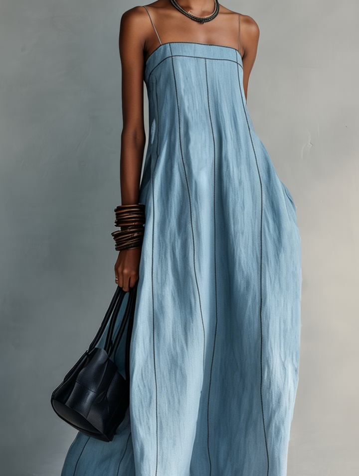 Women's Casual Blue Cotton-linen Sleeveless Camisole Maxi Dress MDZ1660F0LXY