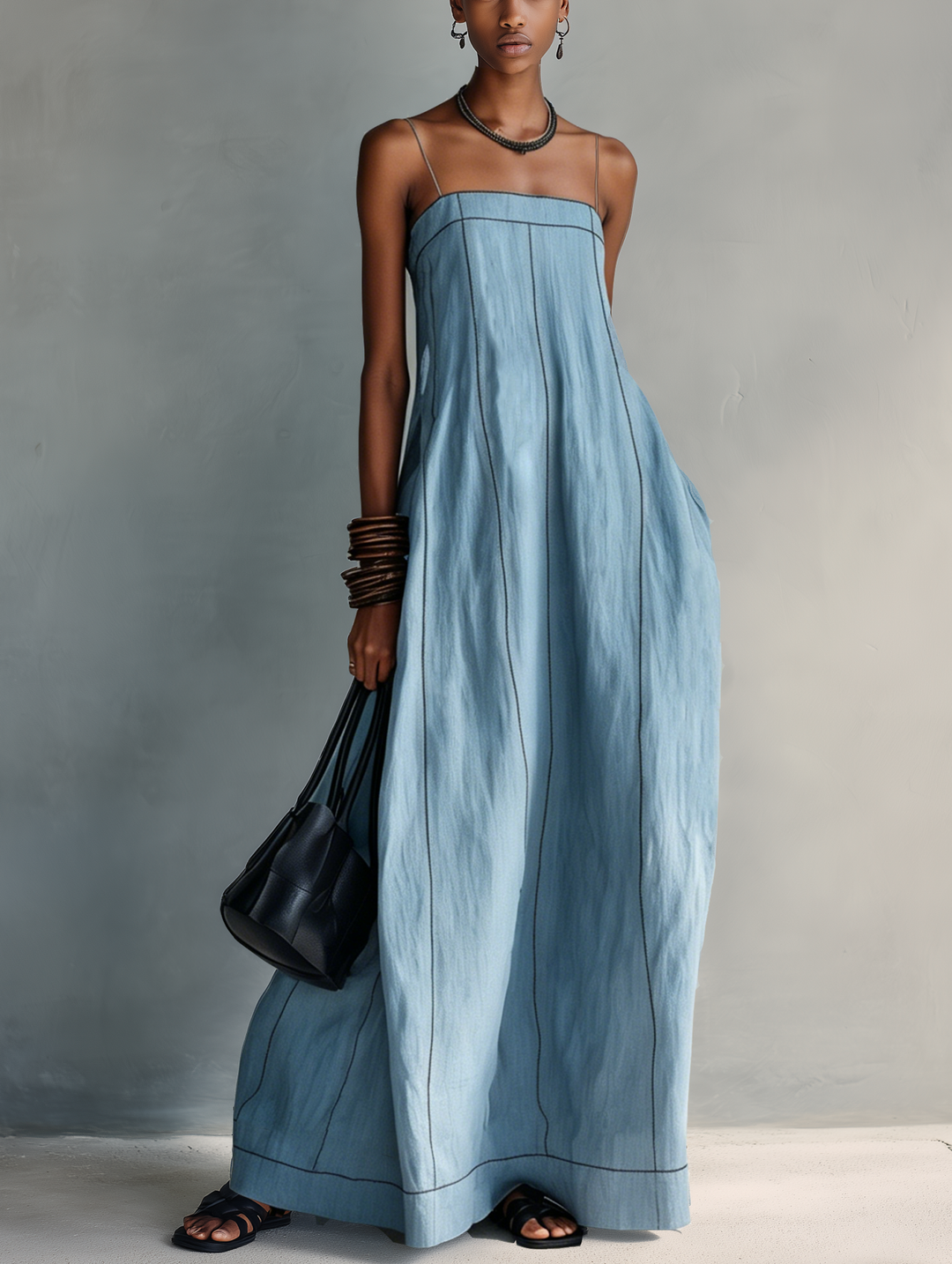 Women's Casual Blue Cotton-linen Sleeveless Camisole Maxi Dress MDZ1660F0LXY