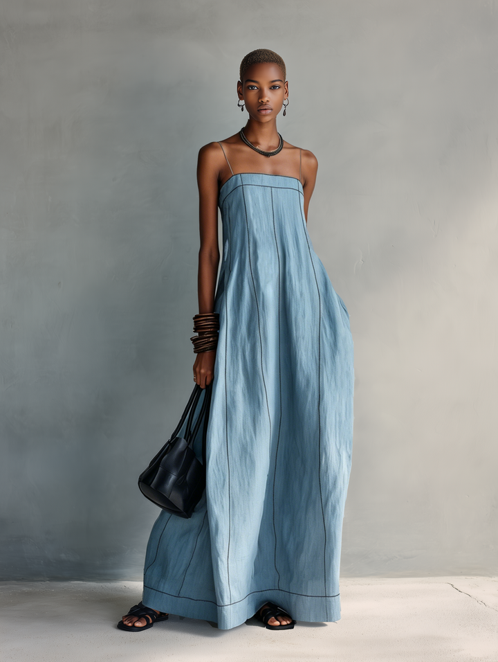 Women's Casual Blue Cotton-linen Sleeveless Camisole Maxi Dress MDZ1660F0LXY
