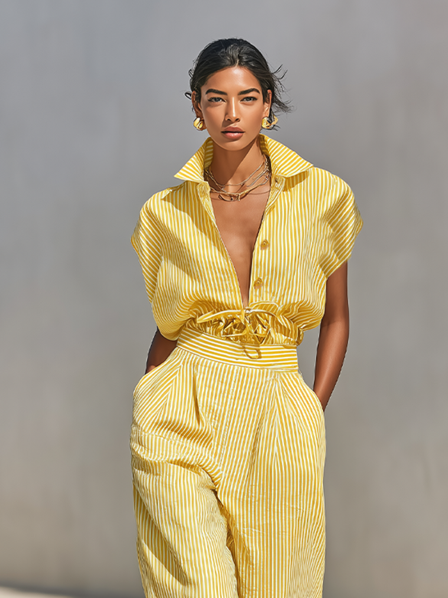 Women's Lemon Vertical Stripe Textured Co-Ord With Front Button Blouse & Side Pocket Tapered Trousers, Effortless-Chic Beach Casual Outfit MDZ2203F4LYL