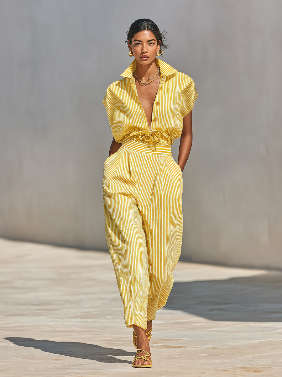 Women's Lemon Vertical Stripe Textured Co-Ord With Front Button Blouse & Side Pocket Tapered Trousers, Effortless-Chic Beach Casual Outfit MDZ2203F4LYL