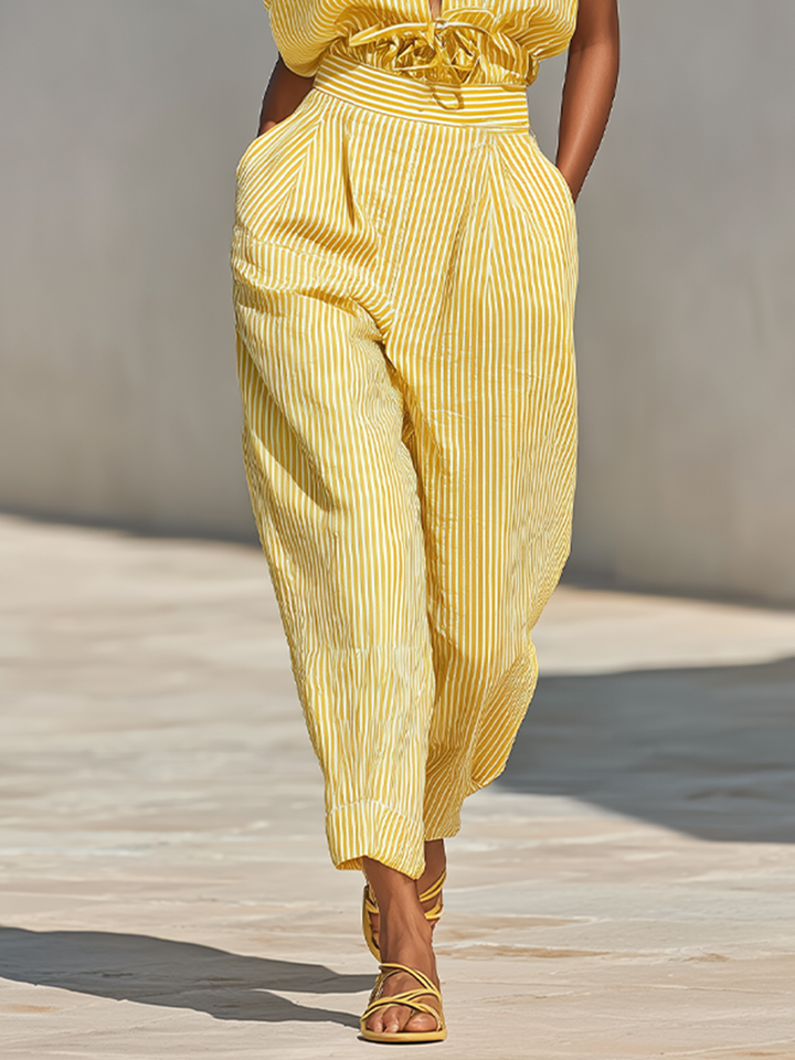 Women's Lemon Vertical Stripe Textured Co-Ord With Front Button Blouse & Side Pocket Tapered Trousers, Effortless-Chic Beach Casual Outfit MDZ2203F4LYL