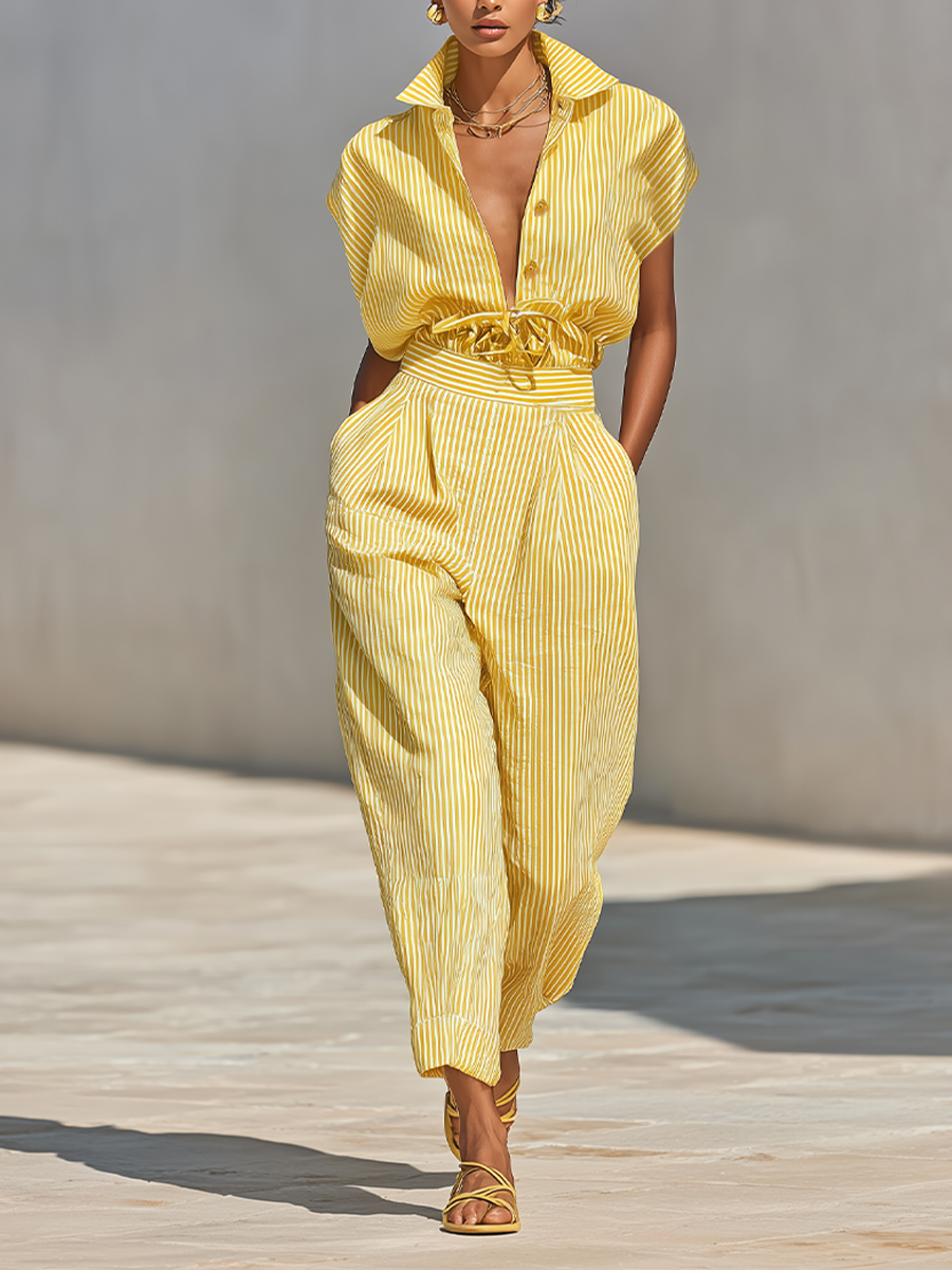 Women's Lemon Vertical Stripe Textured Co-Ord With Front Button Blouse & Side Pocket Tapered Trousers, Effortless-Chic Beach Casual Outfit MDZ2203F4LYL