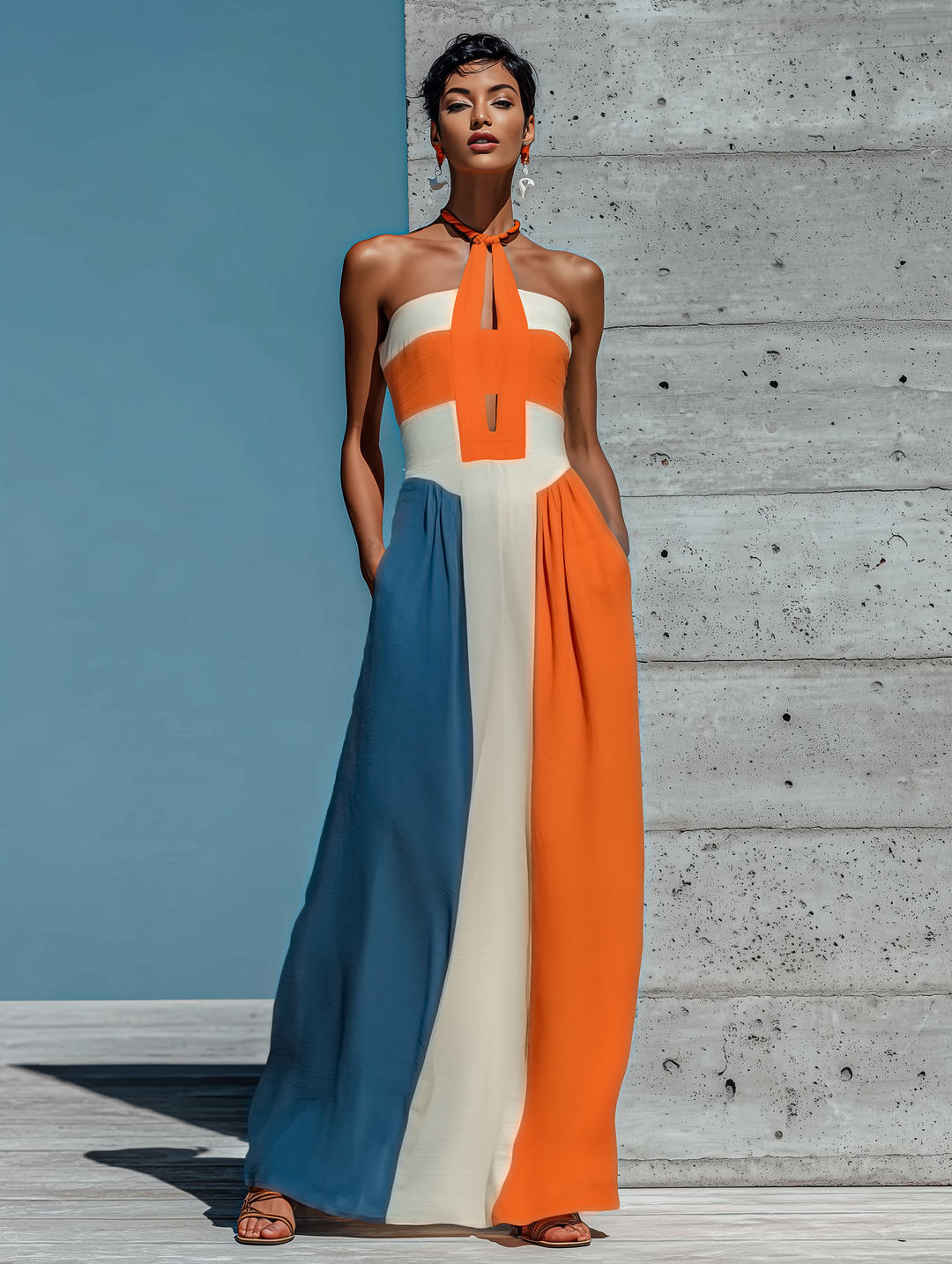 Women’s Orange White Blue Color Block Halter Keyhole Strapless Smocked Bodice Pleated Maxi Dress MDZ2980F6T