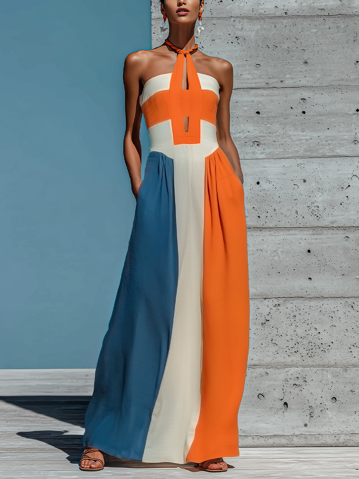 Women’s Orange White Blue Color Block Halter Keyhole Strapless Smocked Bodice Pleated Maxi Dress MDZ2980F6T