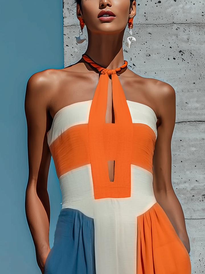 Women’s Orange White Blue Color Block Halter Keyhole Strapless Smocked Bodice Pleated Maxi Dress MDZ2980F6T