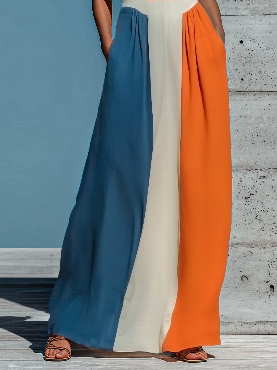 Women’s Orange White Blue Color Block Halter Keyhole Strapless Smocked Bodice Pleated Maxi Dress MDZ2980F6T