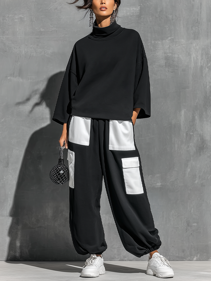 Women’s Black Cotton Knit Oversized High Neck 3/4 Sleeve Sweatshirt & Elastic Cuff Color Block White Patch Pocket Jogger Cargo Pants Two Piece Tracksuit Set MDZ0696G6YZJ