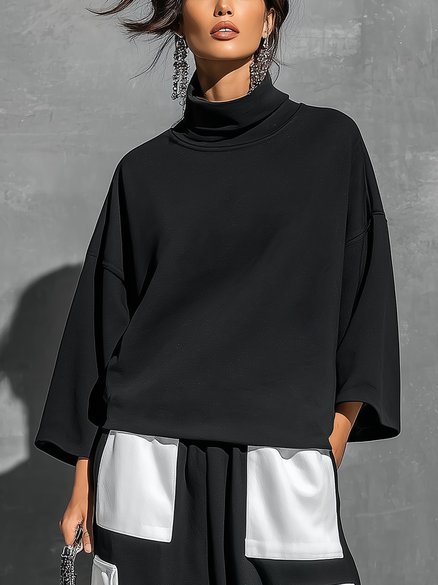 Women’s Black Cotton Knit Oversized High Neck 3/4 Sleeve Sweatshirt & Elastic Cuff Color Block White Patch Pocket Jogger Cargo Pants Two Piece Tracksuit Set MDZ0696G6YZJ