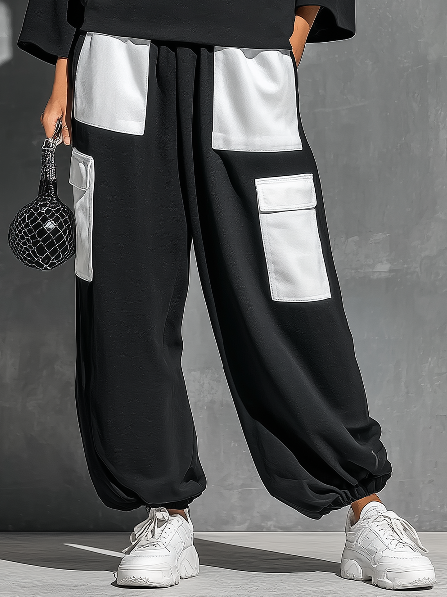 Women’s Black Cotton Knit Oversized High Neck 3/4 Sleeve Sweatshirt & Elastic Cuff Color Block White Patch Pocket Jogger Cargo Pants Two Piece Tracksuit Set MDZ0696G6YZJ