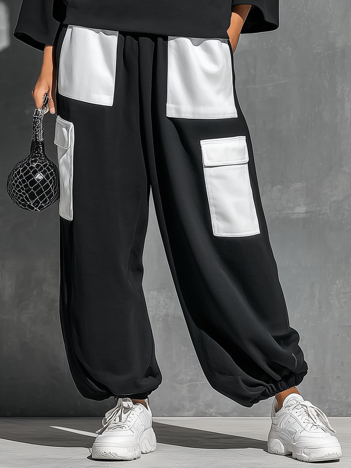 Women’s Black Cotton Knit Oversized High Neck 3/4 Sleeve Sweatshirt & Elastic Cuff Color Block White Patch Pocket Jogger Cargo Pants Two Piece Tracksuit Set MDZ0696G6YZJ