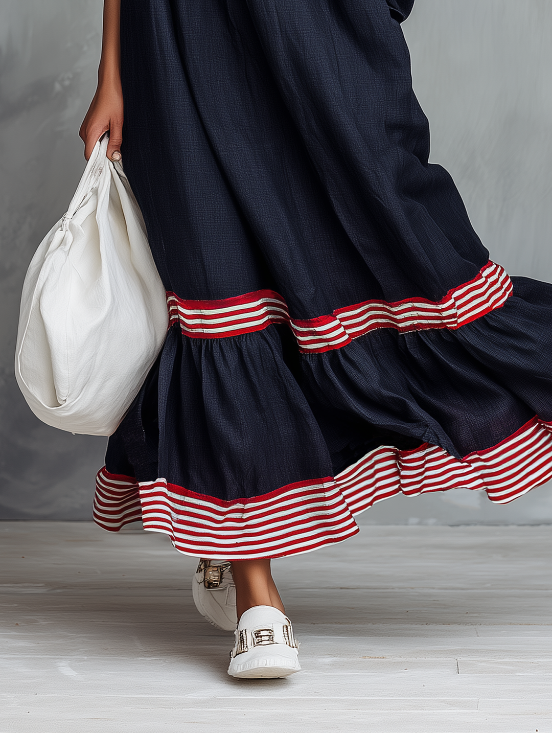 Women's Minimalist Linen-Blend Long-Sleeve Maxi Dress With Striped Hem Panel MDZ0967G8WY
