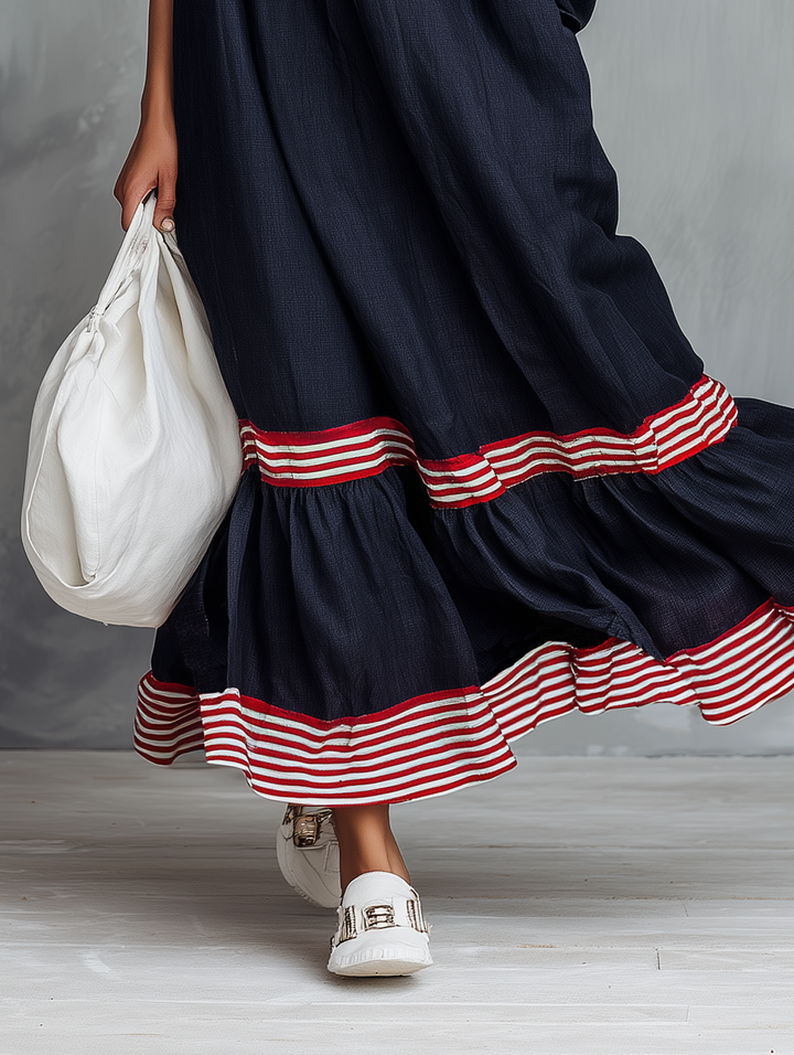 Women's Minimalist Linen-Blend Long-Sleeve Maxi Dress With Striped Hem Panel MDZ0967G8WY