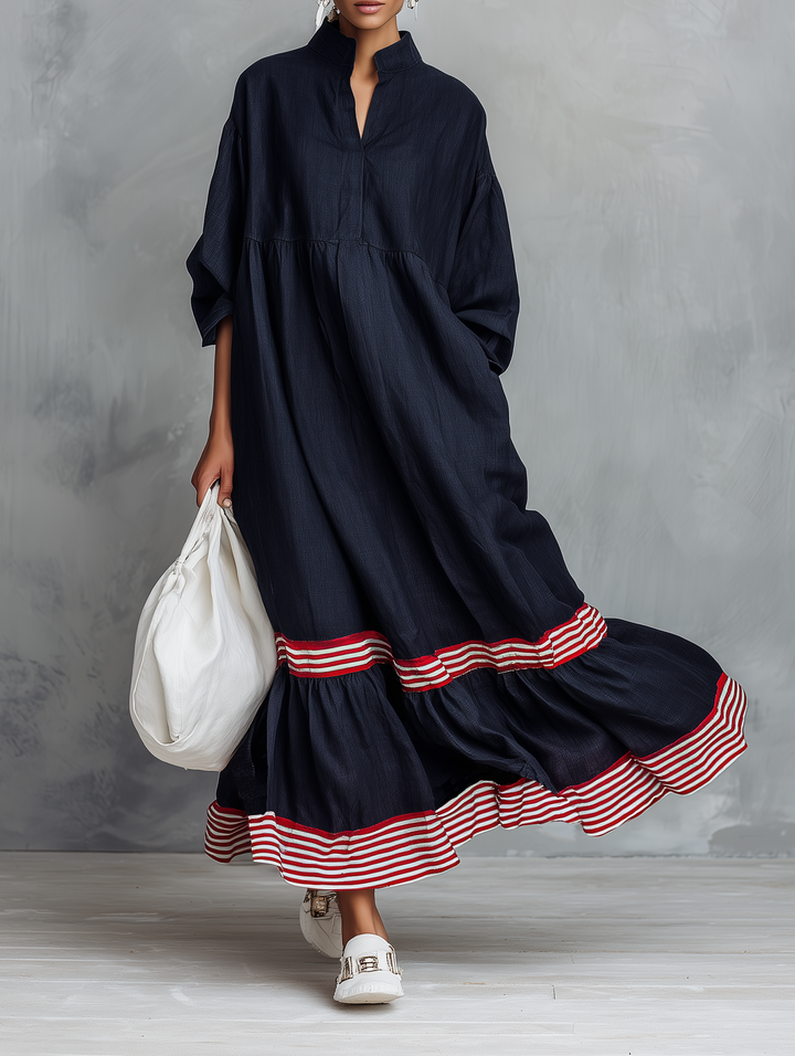 Women's Minimalist Linen-Blend Long-Sleeve Maxi Dress With Striped Hem Panel MDZ0967G8WY