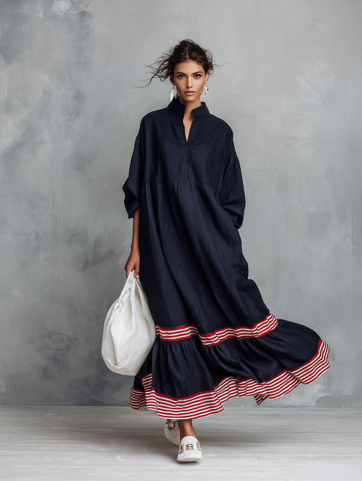 Women's Minimalist Linen-Blend Long-Sleeve Maxi Dress With Striped Hem Panel MDZ0967G8WY