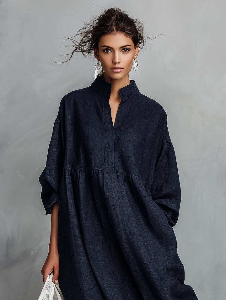 Women's Minimalist Linen-Blend Long-Sleeve Maxi Dress With Striped Hem Panel MDZ0967G8WY