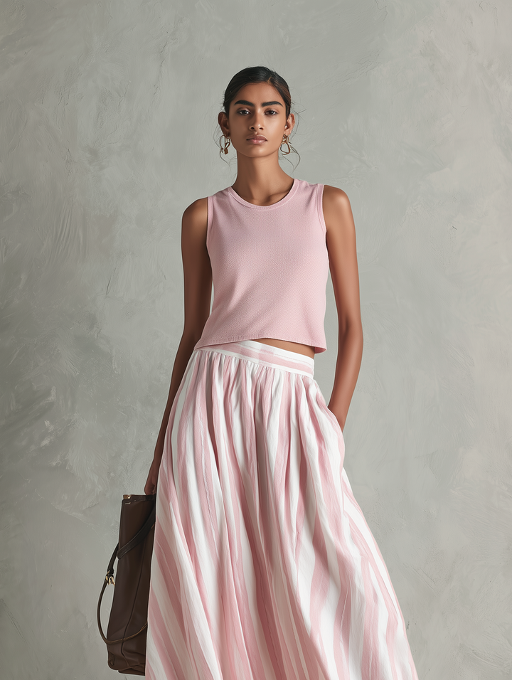 Women's Casual Pink Stretch-knit Sleeveless Round-neck Top Paired With A Woven Pink Printed Maxi Skirt MDZ0986G3LXY