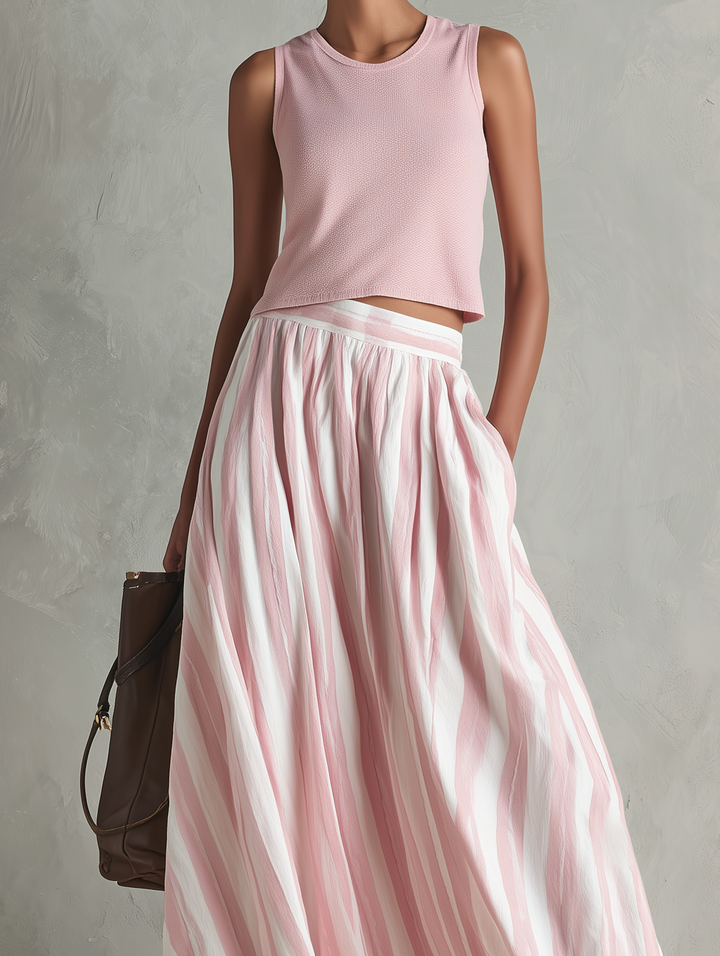 Women's Casual Pink Stretch-knit Sleeveless Round-neck Top Paired With A Woven Pink Printed Maxi Skirt MDZ0986G3LXY