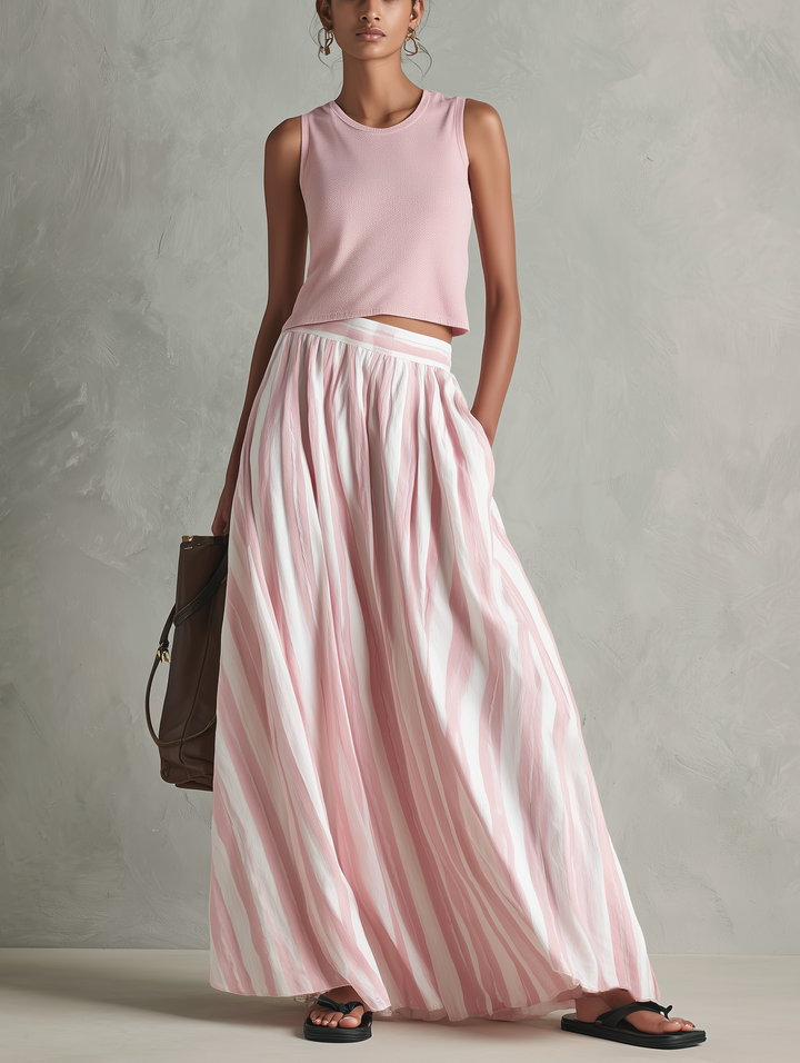 Women's Casual Pink Stretch-knit Sleeveless Round-neck Top Paired With A Woven Pink Printed Maxi Skirt MDZ0986G3LXY