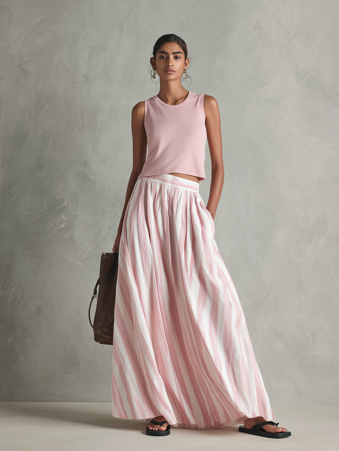 Women's Casual Pink Stretch-knit Sleeveless Round-neck Top Paired With A Woven Pink Printed Maxi Skirt MDZ0986G3LXY