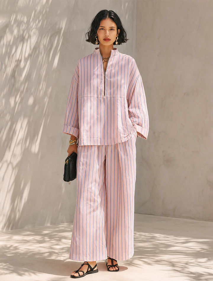 Women's Minimalist Half-Zip Long-Sleeve Top & Wide-Leg Pants Set MDZ0962G3ZRK