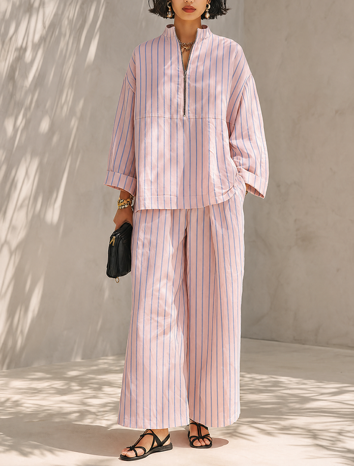 Women's Minimalist Half-Zip Long-Sleeve Top & Wide-Leg Pants Set MDZ0962G3ZRK