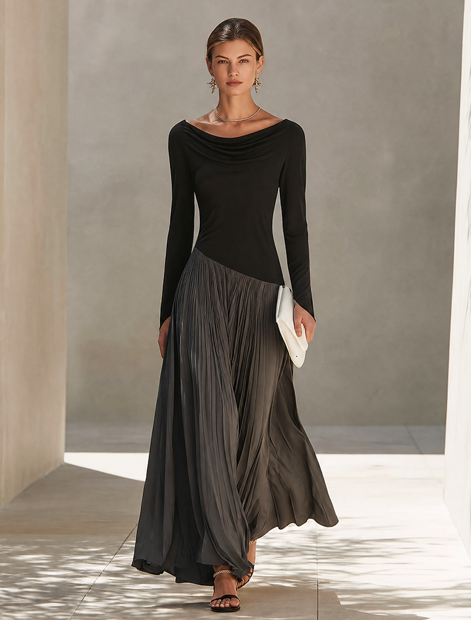 Women's Minimalist Two-Tone Color-Block Maxi Dress With Drape Neckline
