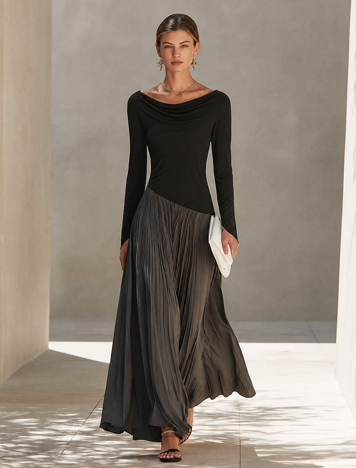 Women's Minimalist Two-Tone Color-Block Maxi Dress With Drape Neckline