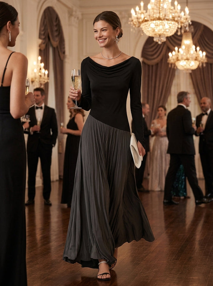 Women's Minimalist Two-Tone Color-Block Maxi Dress With Drape Neckline