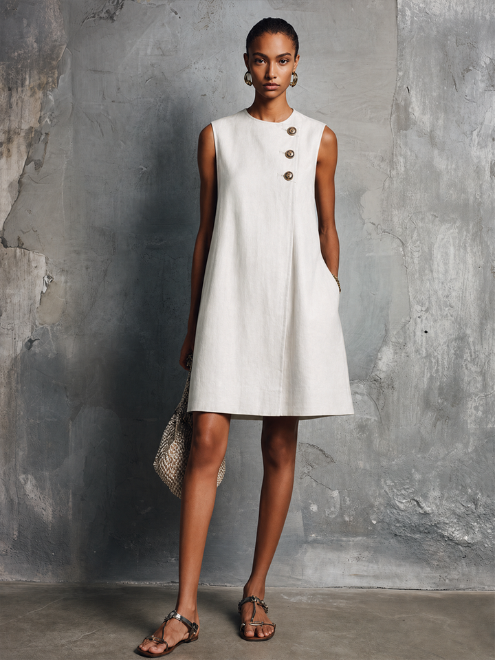 Women's Minimalist Commuter Style Navy Blue Linen Round Neck Asymmetric Buttons Side Pocket Sleeveless Mini Dress MDZ0395F6GMJ